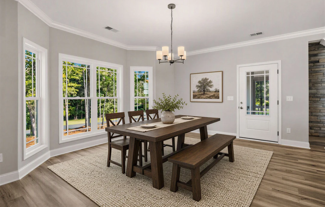 Dining room with a wooden table and benches, a potted plant as centerpiece, wood flooring, a framed tree picture on the wall, and a white door with glass panes.