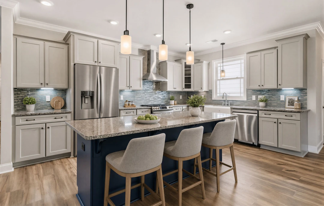 Kitchen with white cabinetry, a large granite island with stools, stainless steel refrigerator, wood flooring, and a bowl of fruit on the counter; a potted plant sits nearby.