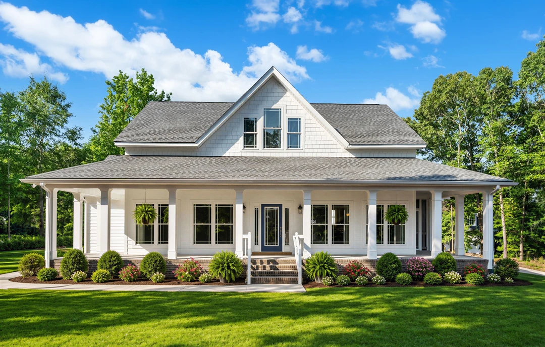 White farmhouse-style home with blue door and window frames, front porch with white railing, steps leading up from a green lawn bordered by mature trees.