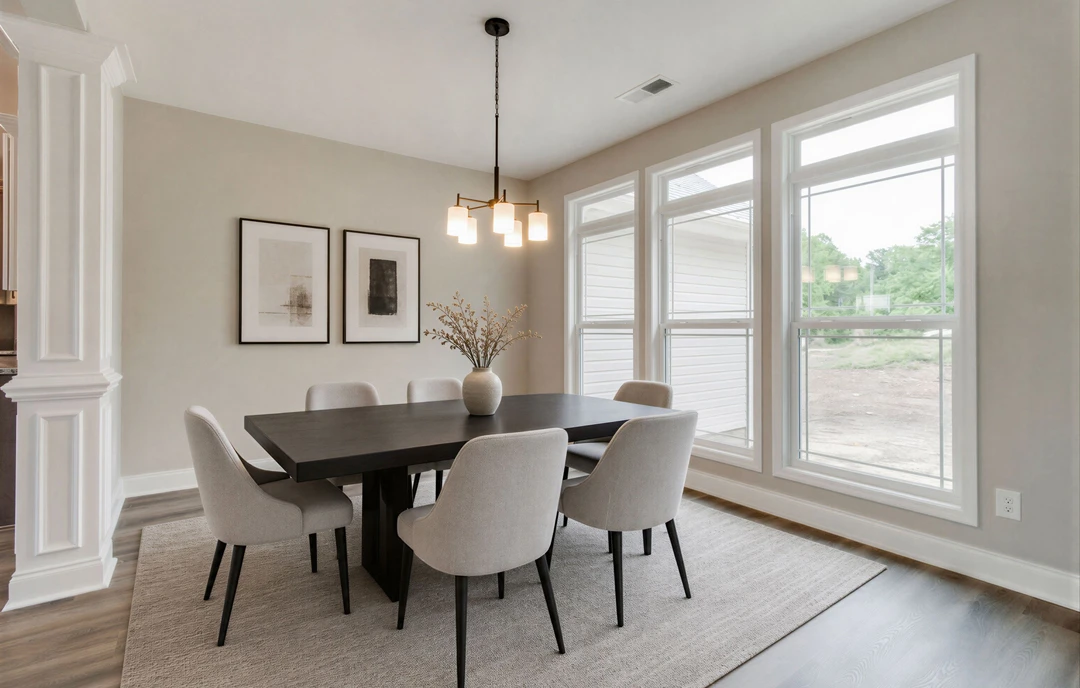 Dining room with a wood dining table surrounded by chairs, laminate flooring, a vase with dried flowers on the table, and framed art hanging on the wall.