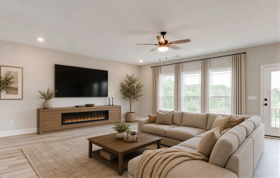 Living room with a gray couch decorated with pillows and a blanket, a coffee table holding a potted plant, a wall-mounted TV, wood flooring, a potted tree, and a ceiling fan with a