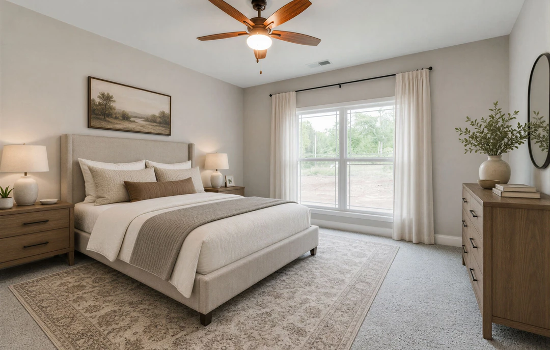 Bedroom with a white bed frame, white bedding, a nightstand with a lamp, a ceiling fan with a light, a window with treatments, framed landscape artwork on the wall, and a vase with