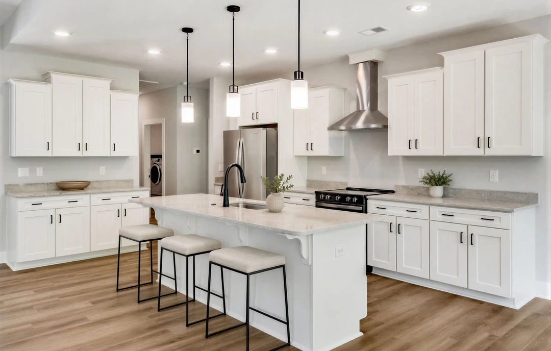 Kitchen with white cabinets and a matching white island topped with granite, featuring white cushioned stools, a black faucet, stainless appliances, and a plant in a vase on the