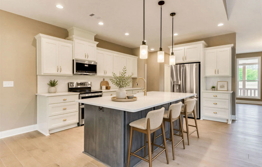 Kitchen with white cabinets, a central island with granite countertop, bar stools, built-in microwave, and a bowl of flowers as a centerpiece.