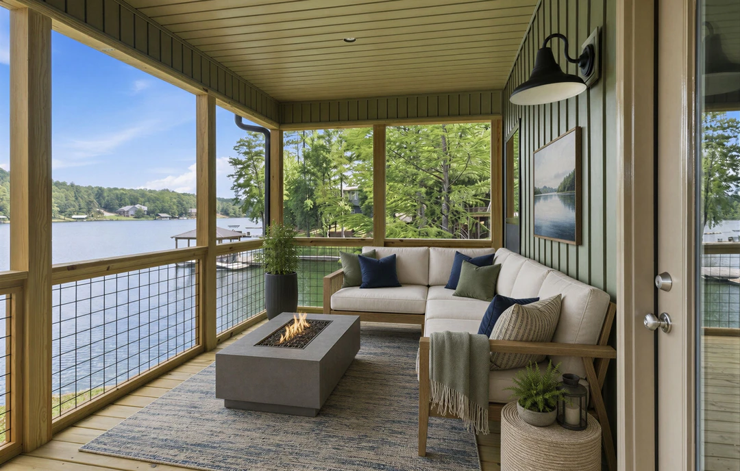 Covered porch with a white couch decorated with green and white pillows, a fire pit set into the deck, a potted plant, and a wall-mounted light fixture.