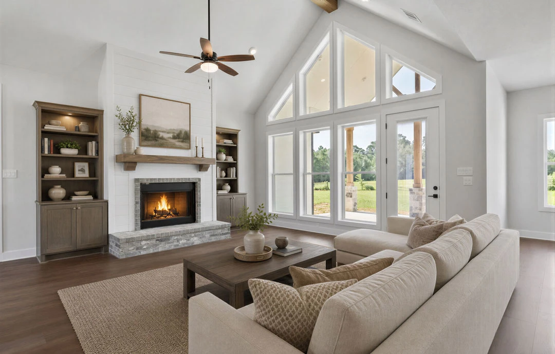 Living room with a stone fireplace, ceiling fan with light, gray couch and loveseat, coffee table, books and vases on shelves, and a painting on the wall.
