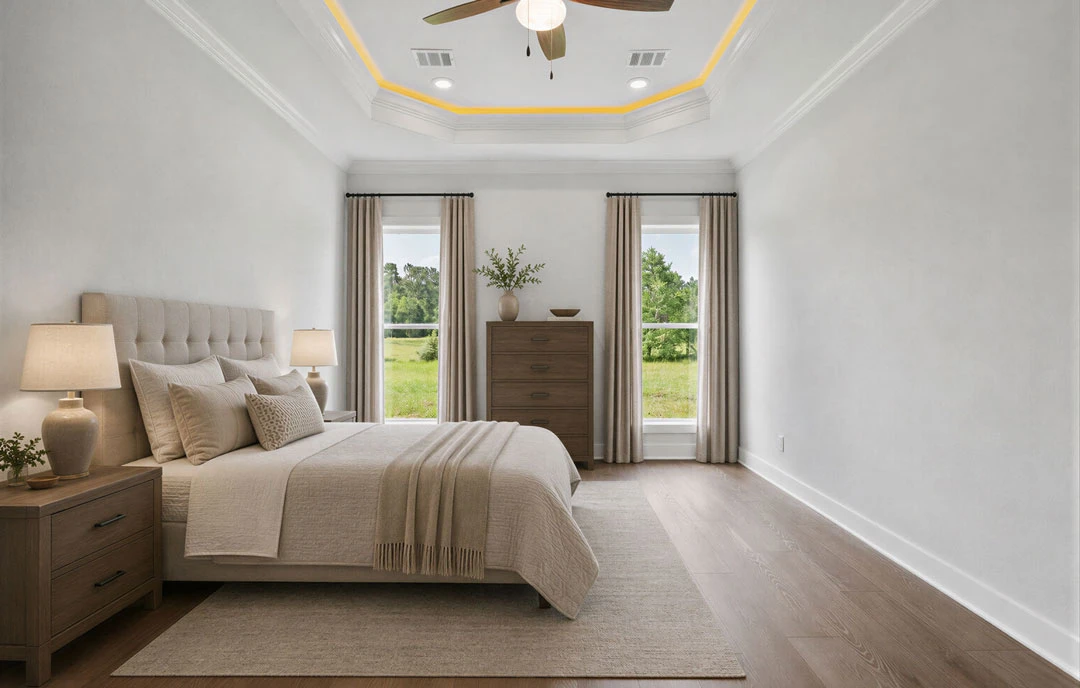 Bedroom with a ceiling fan, white headboard bed, nightstand with a white-shaded lamp, dresser, and a plant in a vase.