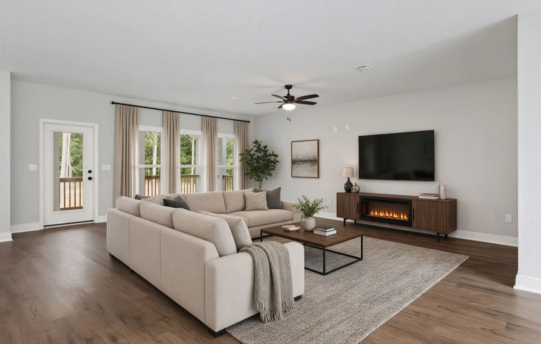 Living room with a large sectional couch facing a wall-mounted television, wood or laminate flooring, a coffee table with books, ceiling fan with light, and a window providing