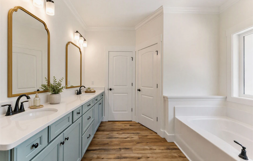 Bathroom with a white bathtub and sink, white cabinetry with a black faucet on a white countertop, a potted plant, a gold-framed mirror, and a white door with a black handle.