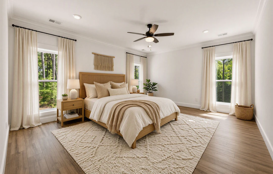 Bedroom with a bed dressed in white linens, a ceiling fan overhead, a potted plant in the corner, a small table with a vase, and a window with curtains showing trees outside.