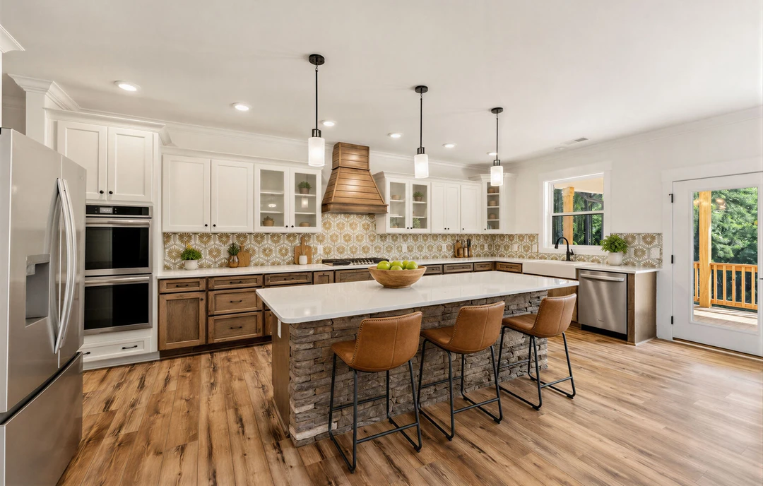 Kitchen with a large granite-topped island, brown leather stools by a brick wall, wood stove top hood, stainless refrigerator, and laminate flooring.