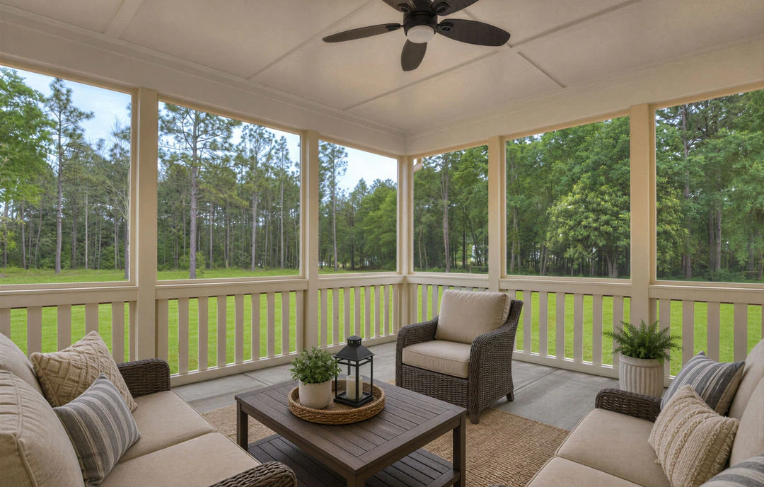 Covered porch with a ceiling fan, a chair, and a table holding a potted plant and candle, overlooking a grassy yard bordered by trees.