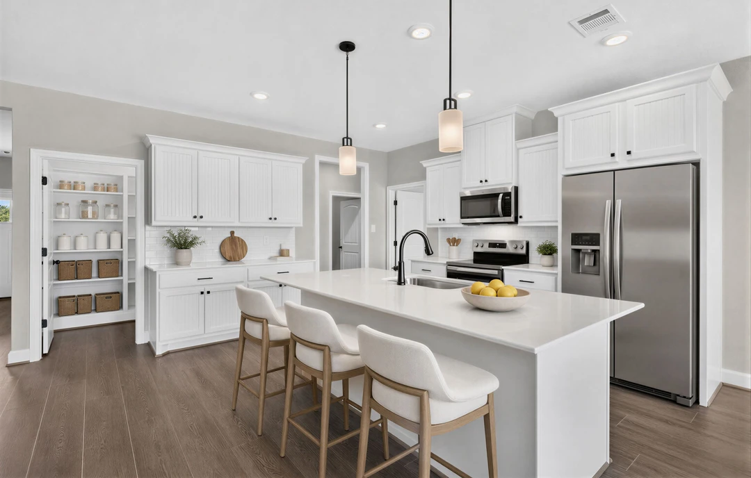 Kitchen with white cabinets, a large central island with granite countertops, stainless steel refrigerator, open microwave, and a bowl of lemons on the counter.