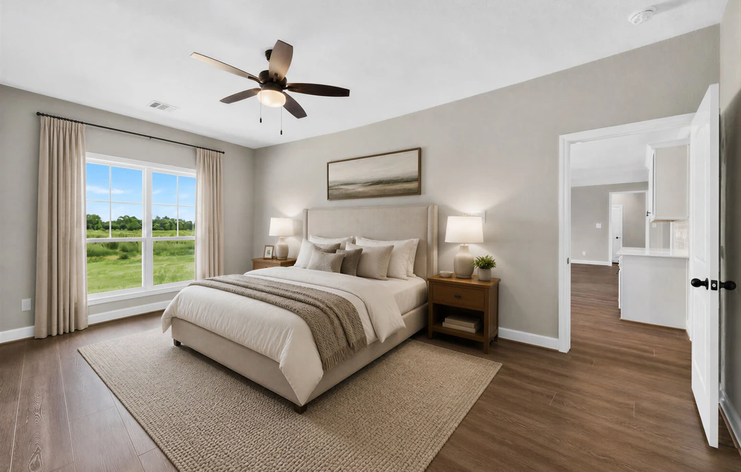 Bedroom with a ceiling fan, a bed with pillows and a duvet cover, a bedside lamp, a framed painting on the wall, a window with a view of a field, and a small table with bowls on a