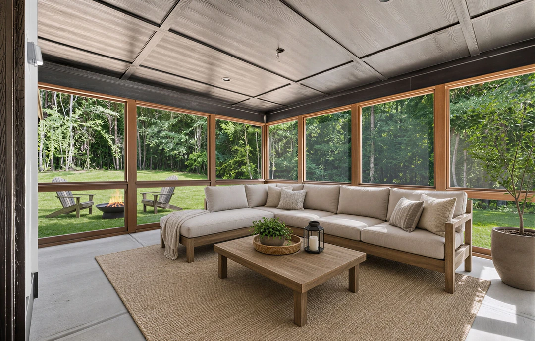 Living room with a gray couch and loveseat, a coffee table holding a potted plant and candle, wood flooring, and large windows.