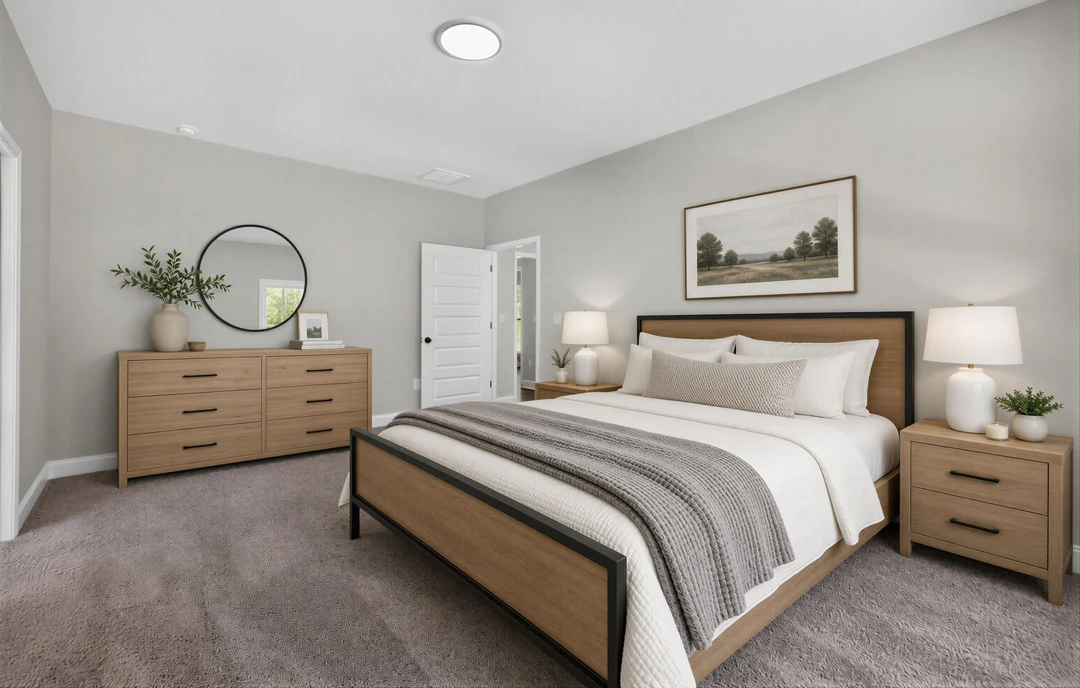Bedroom with a bed featuring a grey blanket and pillows, a dresser topped with a white bowl, candle, and vase of green leaves, and a framed landscape picture on the wall.