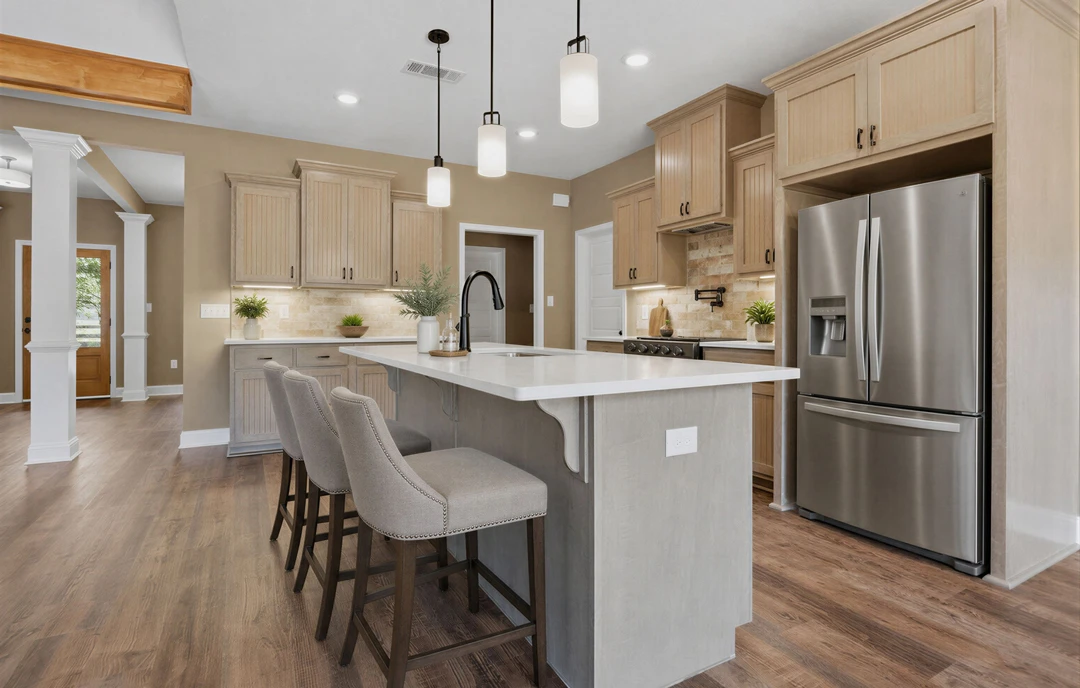 Kitchen with white cabinetry, granite countertops, a central island with stools, stainless steel refrigerator, and light wood flooring; a plant in a white vase sits on the island.