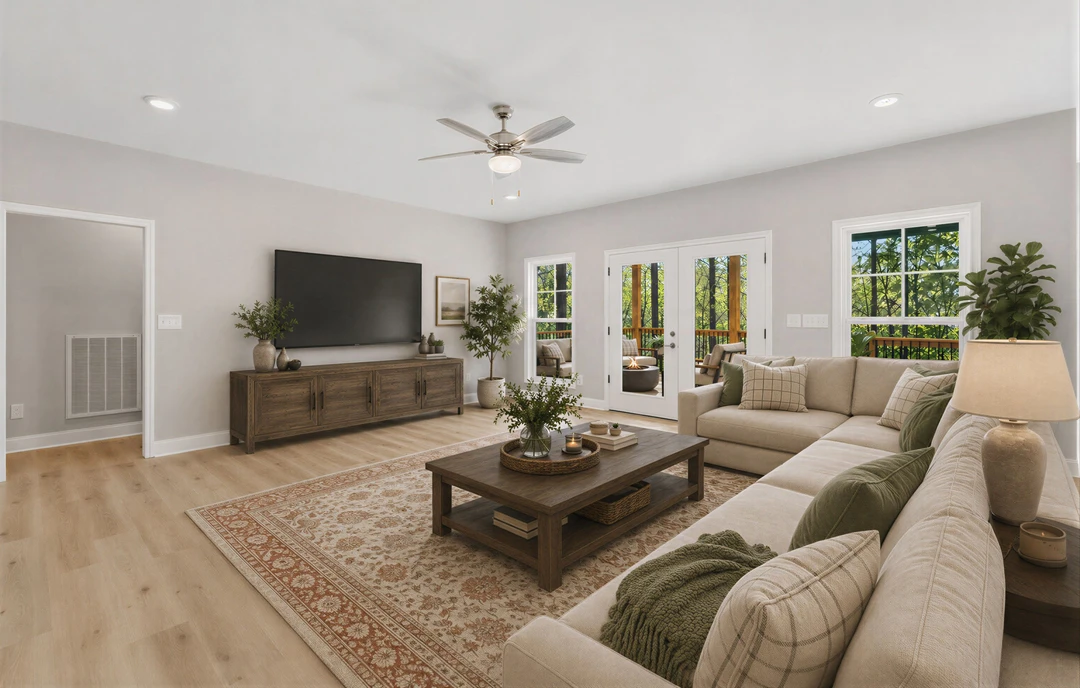 Living room with a large gray couch and pillows, wood laminate flooring, a coffee table holding a plant and candle, a wall-mounted television, ceiling fan with light, and a wooden