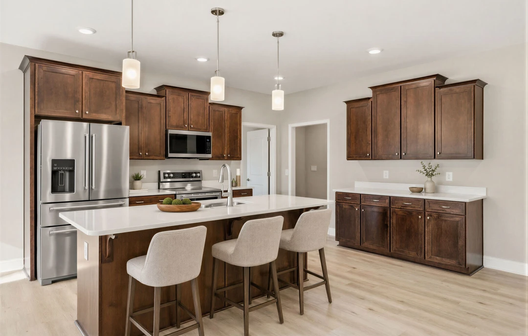Kitchen with a large granite island, stainless steel refrigerator with ice and water dispenser, wooden cabinets, microwave, and two chairs at the countertop.