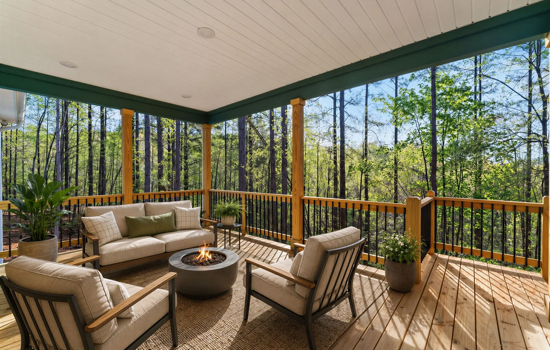 Patio with a fire pit surrounded by chairs, beige couch with pillows, potted plant on the porch, and a deck area visible.