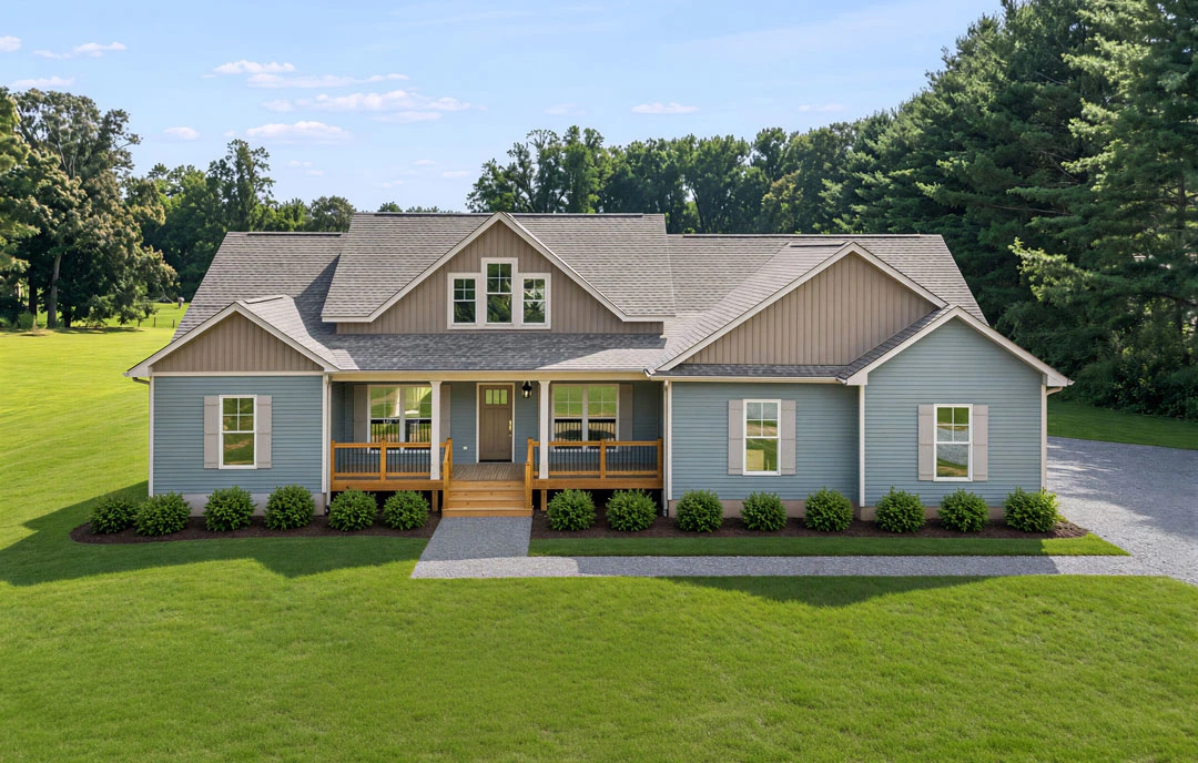 Two-story farmhouse with a covered front porch, wooden steps, white siding, and a well-kept lawn bordered by mature trees.