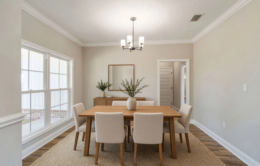 Dining room with a wooden table and chairs, wood flooring, a mirror with a wooden frame on the wall, a ceiling chandelier, and a vase with green leaves as a centerpiece.