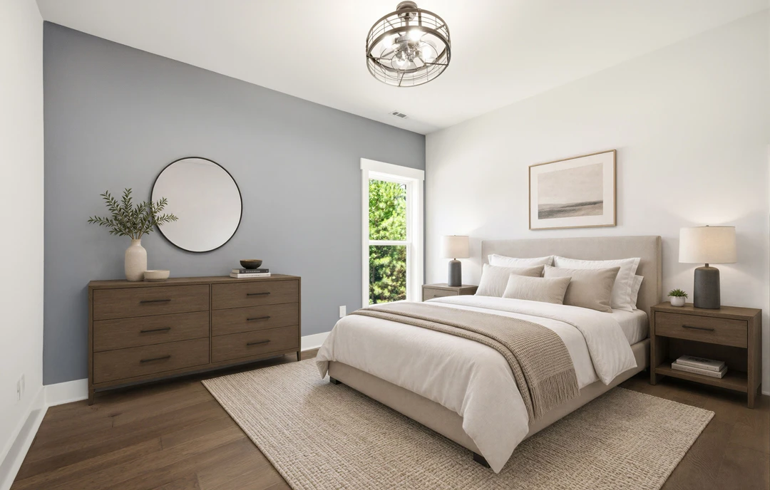 Bedroom with a bed featuring white linens and pillows, a wooden dresser, a nightstand with a lamp and vase, a round black-framed mirror, a framed picture on the wall, and a ceiling