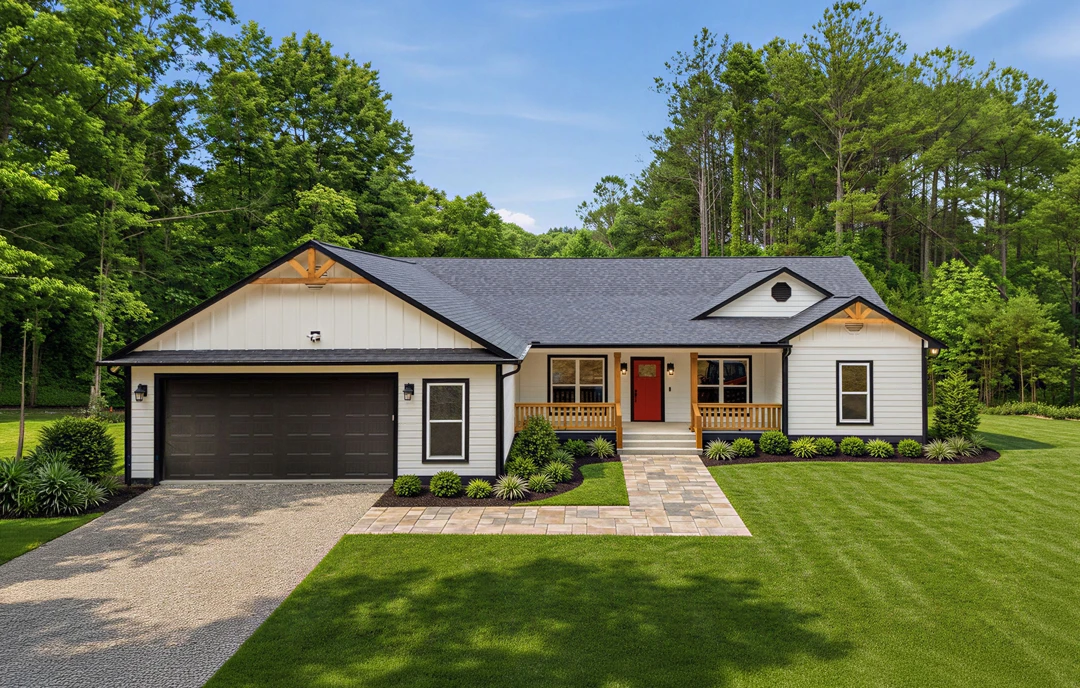 Two-story farmhouse with a red front door, attached garage, and a driveway bordered by grass and mature trees.