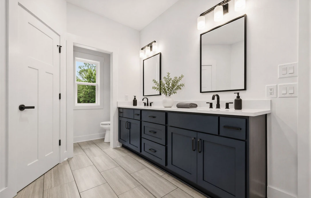 Bathroom with white walls, blue cabinets, a mirror with overhead lighting, a plant in a vase on the countertop, tile flooring, and a window showing a tree outside.