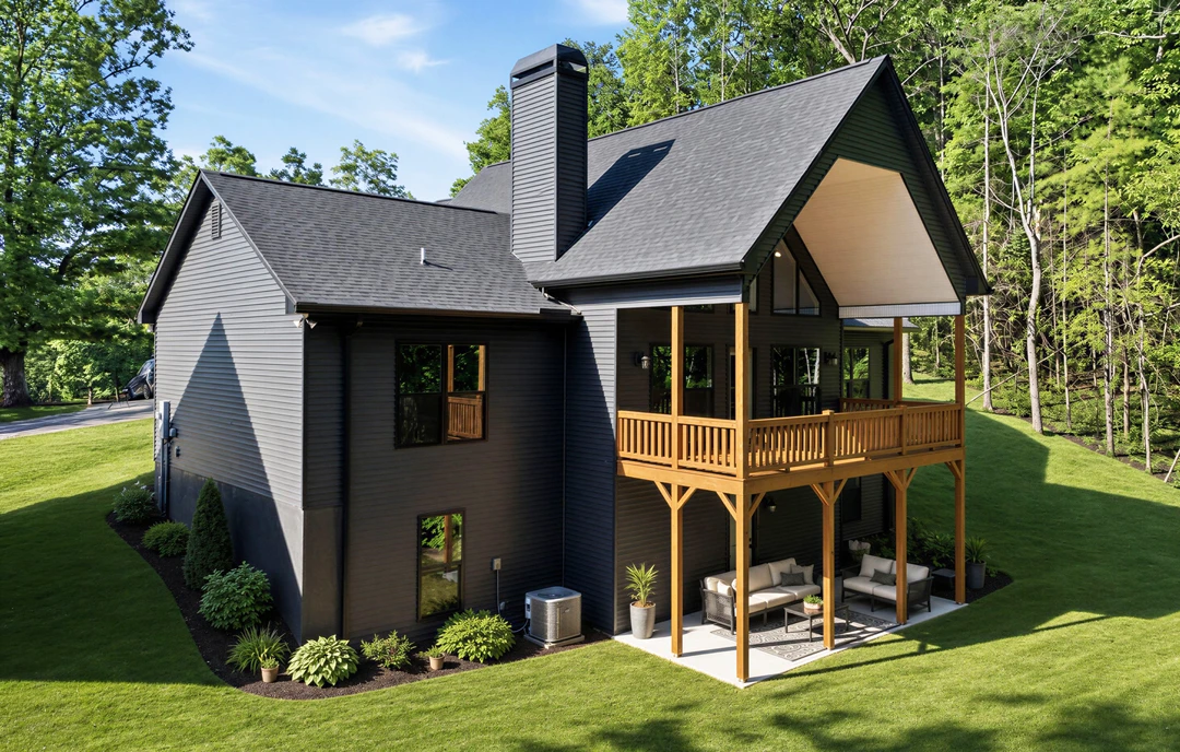 Two-story farmhouse with white siding, a covered deck featuring wooden railings, and a landscaped lawn with trees and grass.