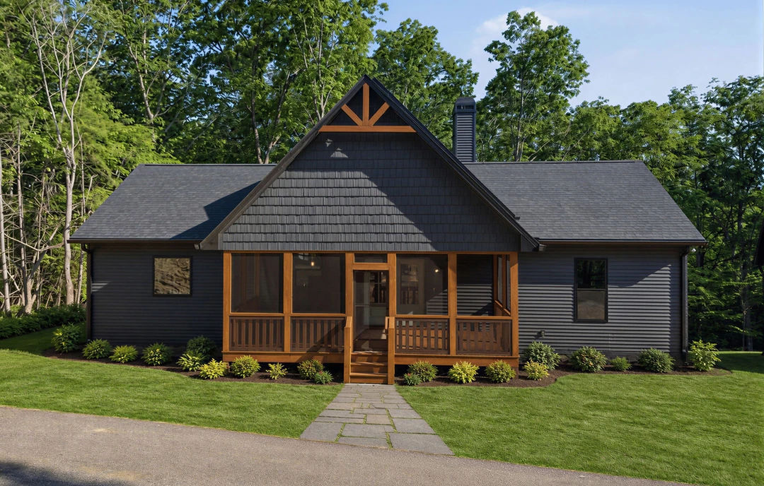 Two-story farmhouse with a covered front porch featuring wood railings, stone walkway leading through a grassy yard, black-framed windows, and a chimney.