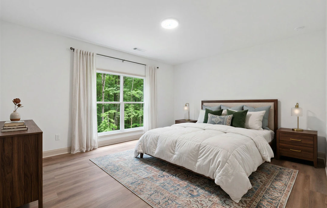 Bedroom with a large window overlooking trees, a bed with multiple pillows and a duvet cover, a wood dresser with a lamp, and hardwood flooring.