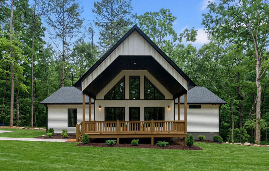 Wood-sided farmhouse with a covered porch and wooden deck, surrounded by a green lawn and a small bush, with trees in the background.