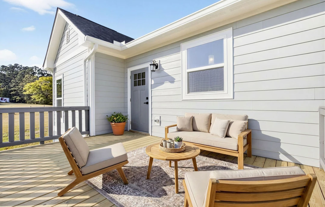 Patio area with a cushioned couch and pillows, a coffee table on a rug, a chair, potted plant, and white porch railing, set on a wooden deck with house siding and windows in the