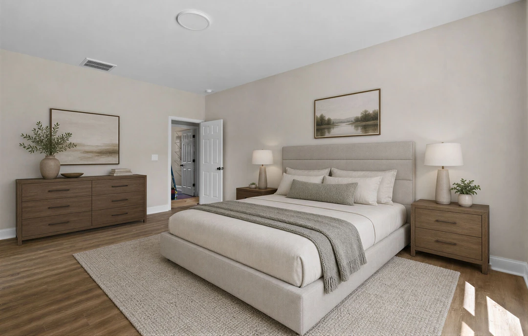 Bedroom with a white bed frame, neutral bedding, a patterned rug, a dresser topped with a bowl and two white vases, a nightstand, and a framed landscape picture above the dresser