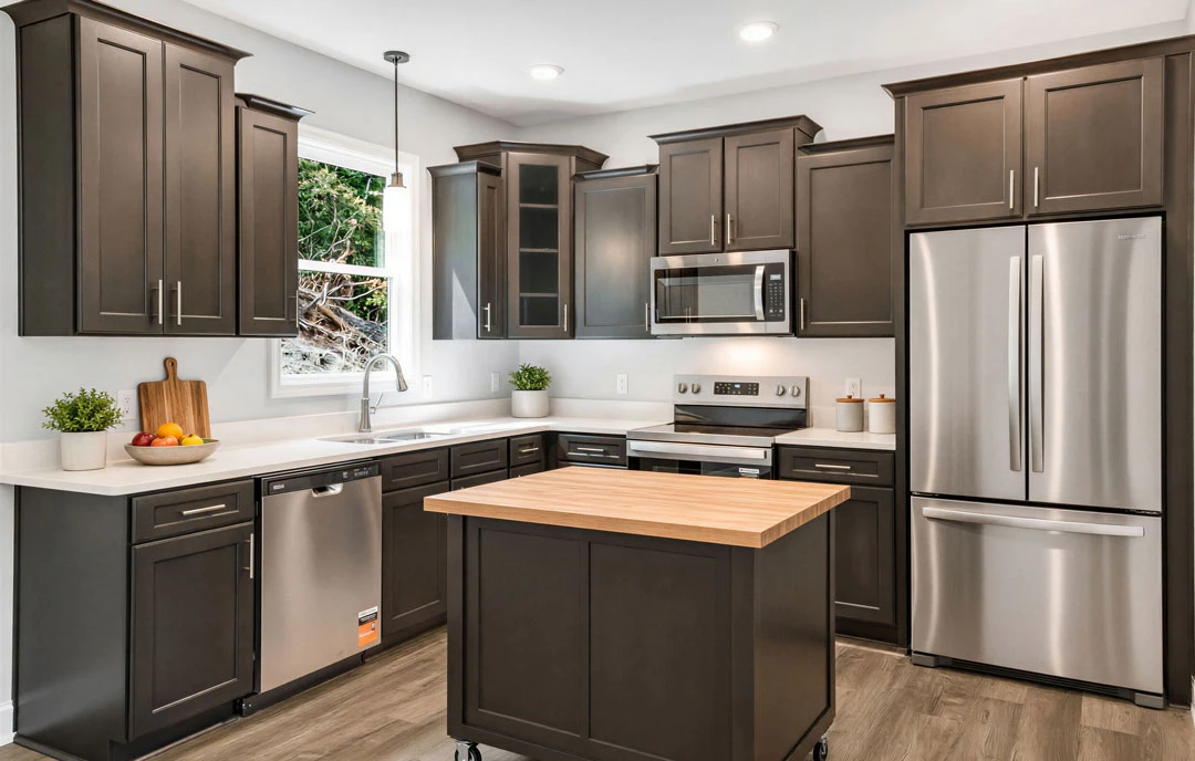 Kitchen with dark wood cabinets, stainless steel appliances including a microwave, refrigerator, and stove, a kitchen island with a wood top, granite countertops, and a potted