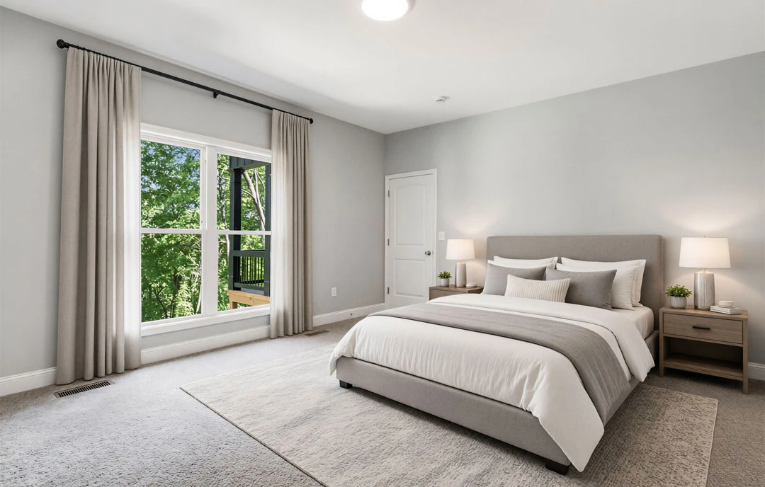 Bedroom with a bed featuring white linens and pillows, a nightstand with a lamp and shelf, a window with curtains overlooking a deck and trees, and a white door with a silver