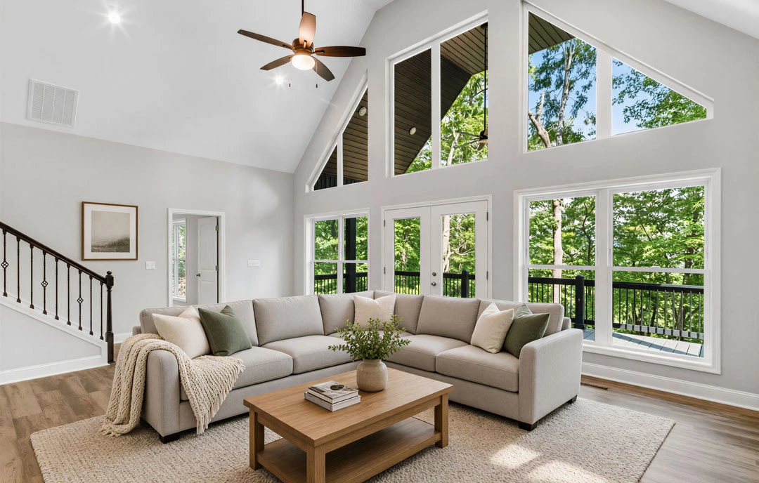 Living room with a large gray couch, a coffee table holding books and a potted plant, hardwood flooring, a ceiling fan with a light, and a framed picture on the wall.