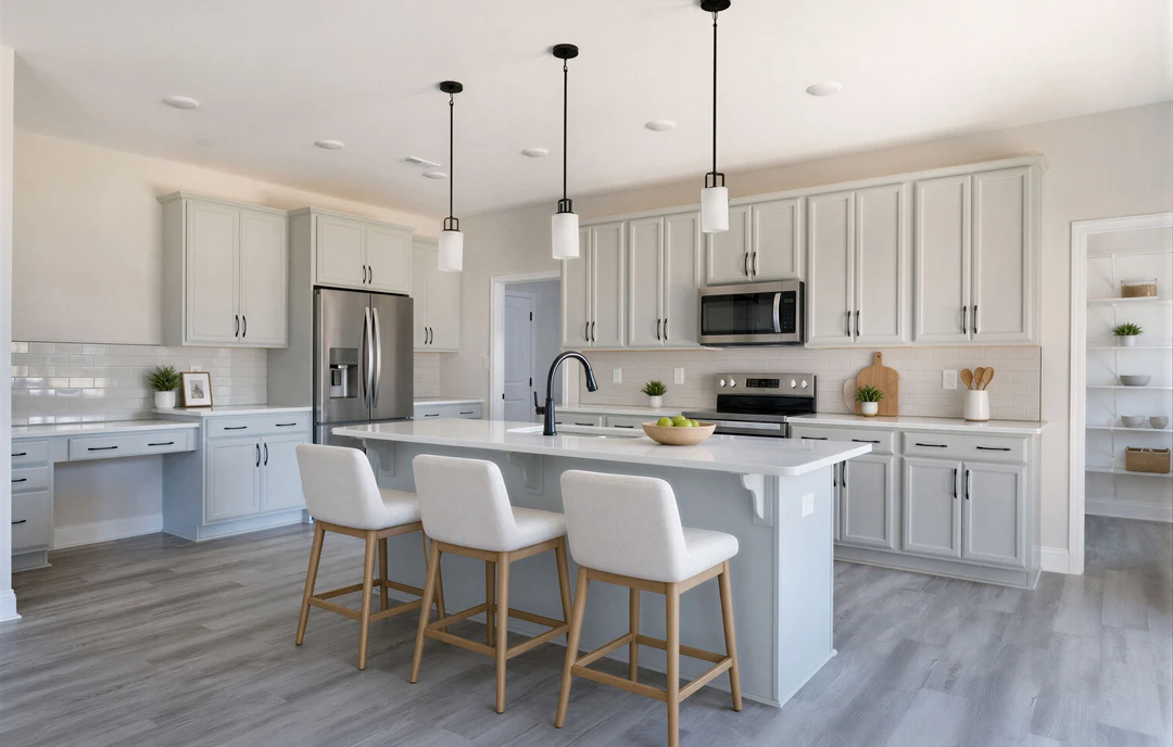 Kitchen with white cabinets and white granite countertops, featuring a microwave with the door open, a stainless refrigerator, white bar stools, and open shelving with bowls.