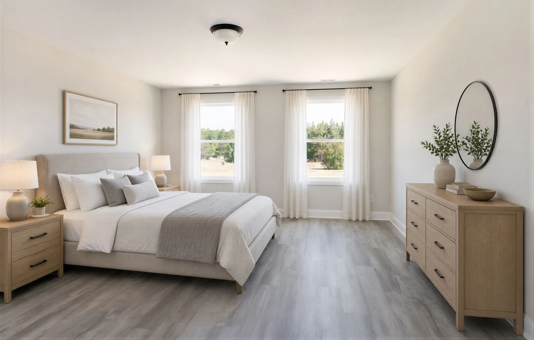 Bedroom with a bed featuring white bedding, a nightstand with a lamp, a dresser topped with a bowl, framed artwork on the wall, and a window dressed in white curtains.