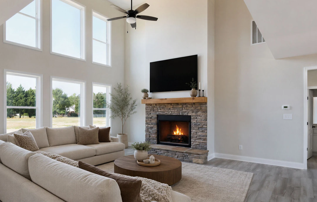 Living room with a lit fireplace, ceiling fan with light, wall-mounted TV, round wooden coffee table holding a vase and bowl, potted tree, and multiple couches with pillows.