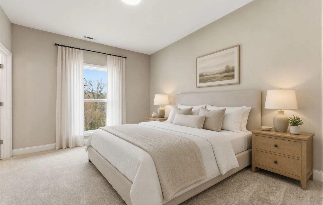 Bedroom with a bed dressed in white bedding and pillows, a nightstand with a lamp, a dresser holding two decorative bowls, a framed picture on the wall, and a window with white