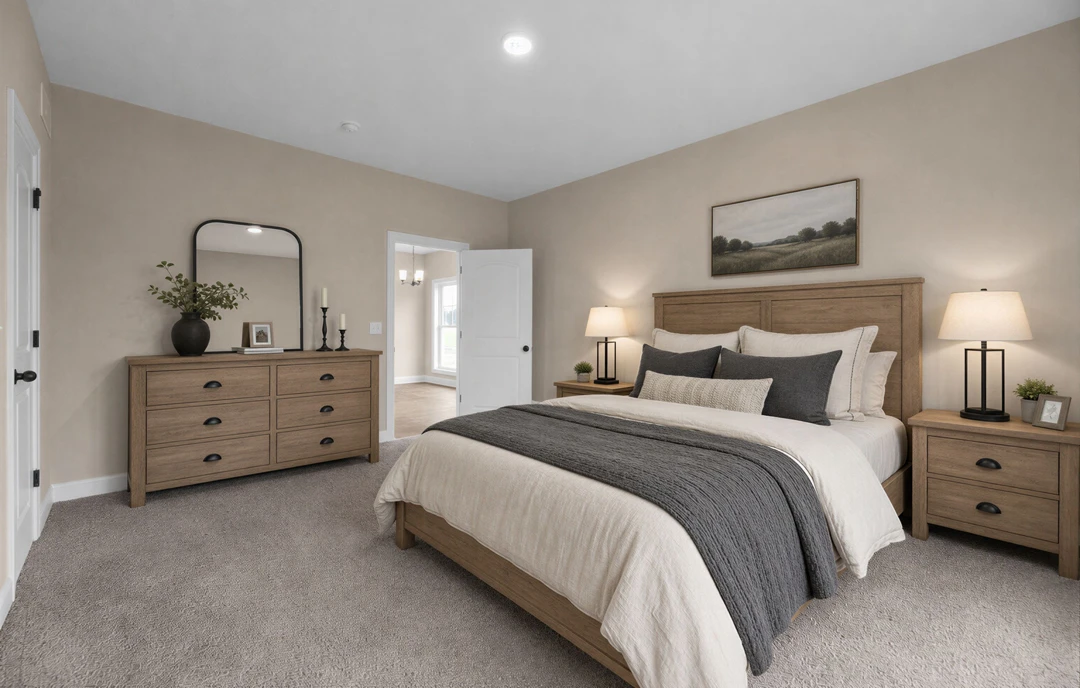 Bedroom with a bed featuring white linens and pillows, a wooden dresser, a nightstand with a lamp and framed landscape artwork on the wall.