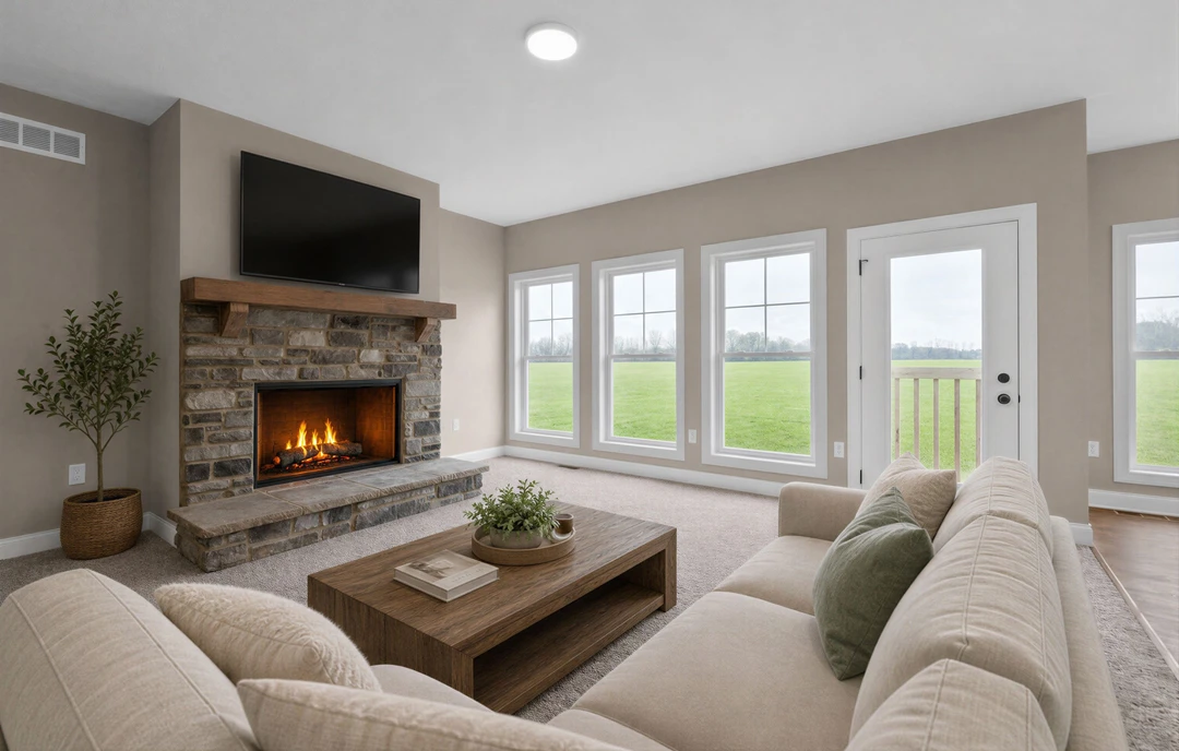 Living room with a wall-mounted television above a fireplace, a couch and loveseat facing a coffee table with a book and potted plant, wood flooring, and windows along one wall.