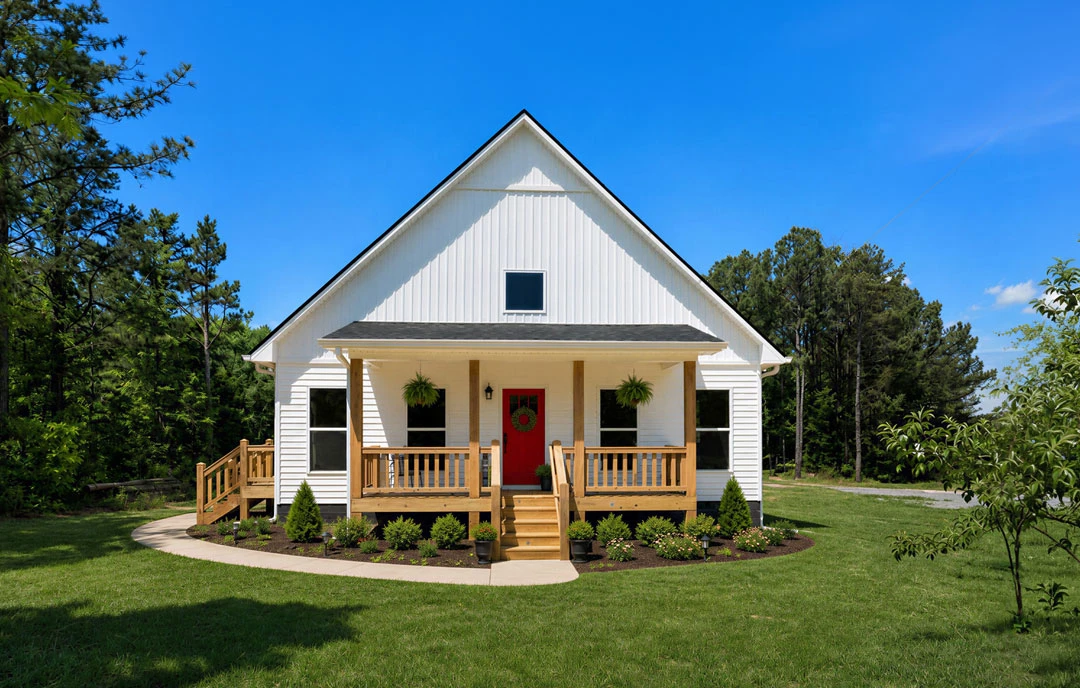 White farmhouse-style home with red front door, wooden porch and railing, wreath on the door, and landscaped yard with grass and walkway.
