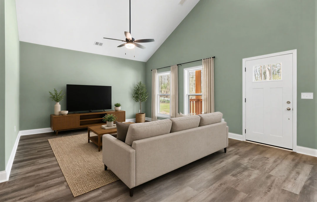 Living room with a gray couch, television mounted on a white wall, laminate wood flooring, a rug, ceiling fan, and a white door with a window; a tree in a white vase sits near the