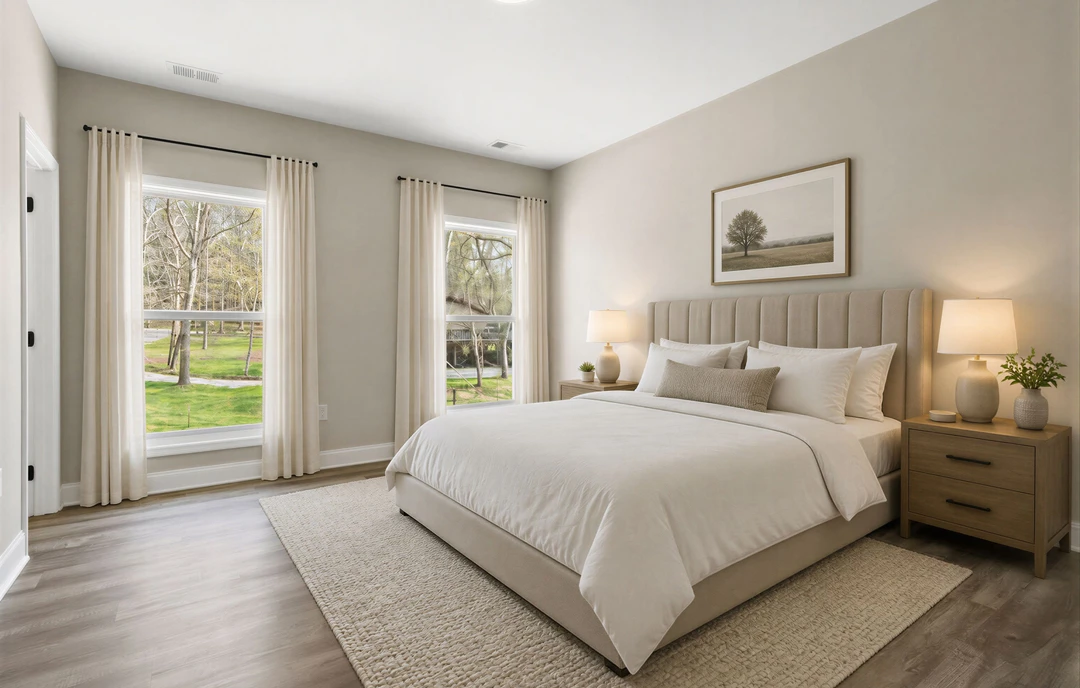 Bedroom with a large bed featuring white bedding, a rug on the floor, a nightstand with a lamp, a dresser, a framed picture of a tree, and a window overlooking a lawn and trees; a