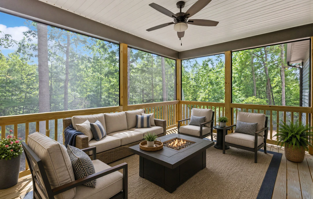 Covered porch with a ceiling fan, square fire pit topped with a potted plant, and seating including a couch and chair with pillows.