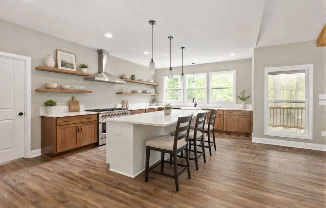 Kitchen with a large central island featuring granite countertops, several chairs, white cabinetry, hardwood flooring, and a window overlooking trees.