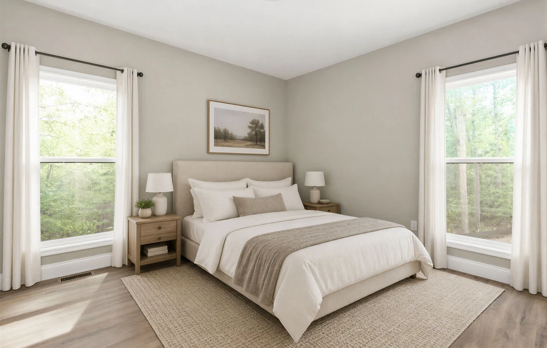 Bedroom with a bed featuring white and brown blankets, a wooden nightstand with bowls, a framed picture of trees on the wall, and a window with white curtains showing trees